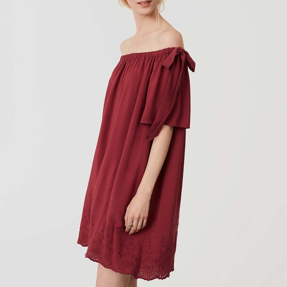 LOFT Burgundy Off‑the‑Shoulder Mini Dress – Embroidered Hem | Size XS